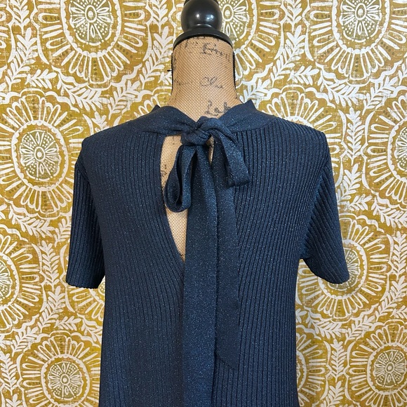 Sezane Eleanor RARE Blue Lurex Knit Bow Tie A-Line Dress Sz M - Picture 11 of 14